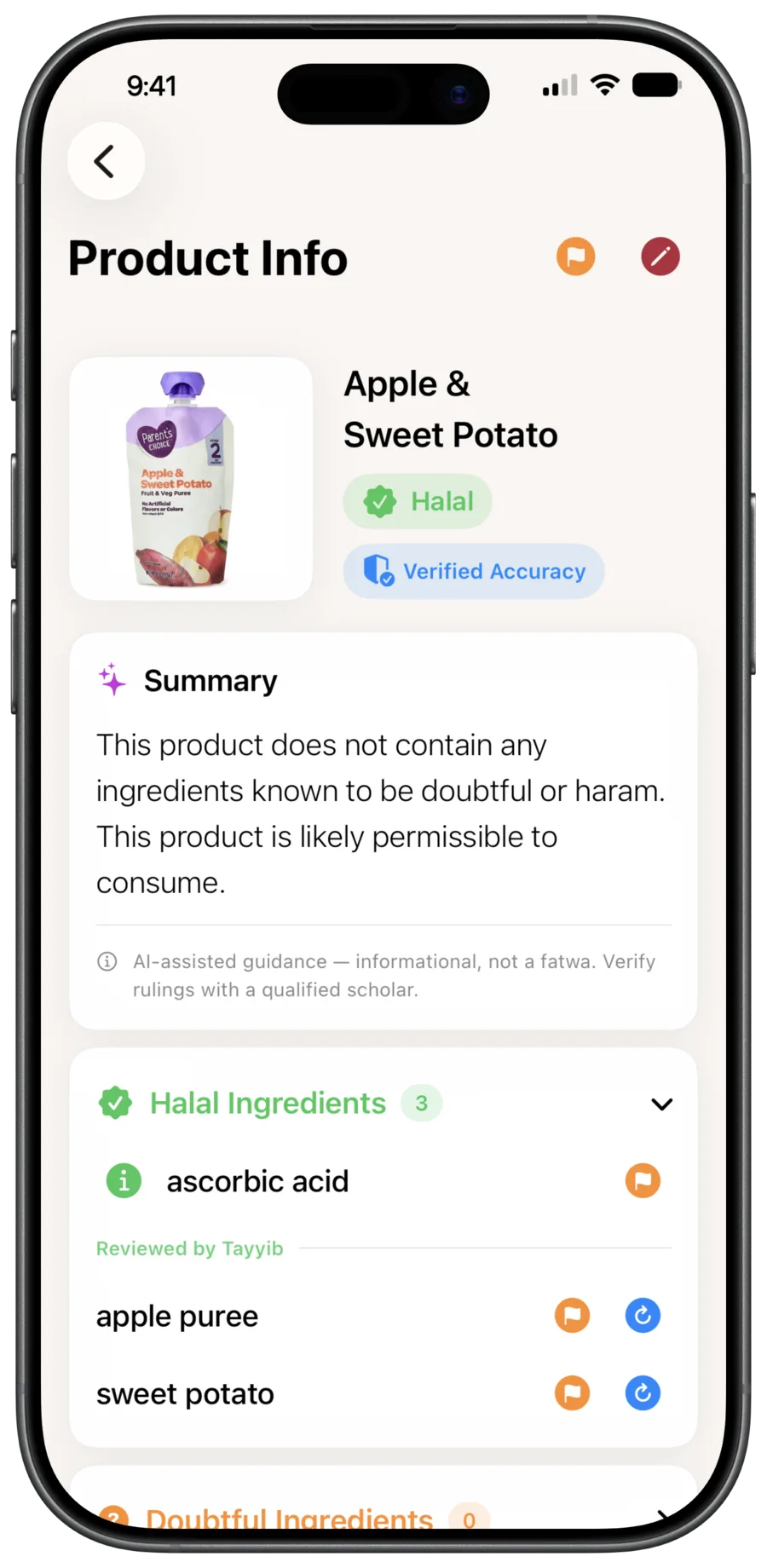 A product's halal ingredients expanded — ascorbic acid carries a Reviewed by Tayyib mark, above apple puree and sweet potato.