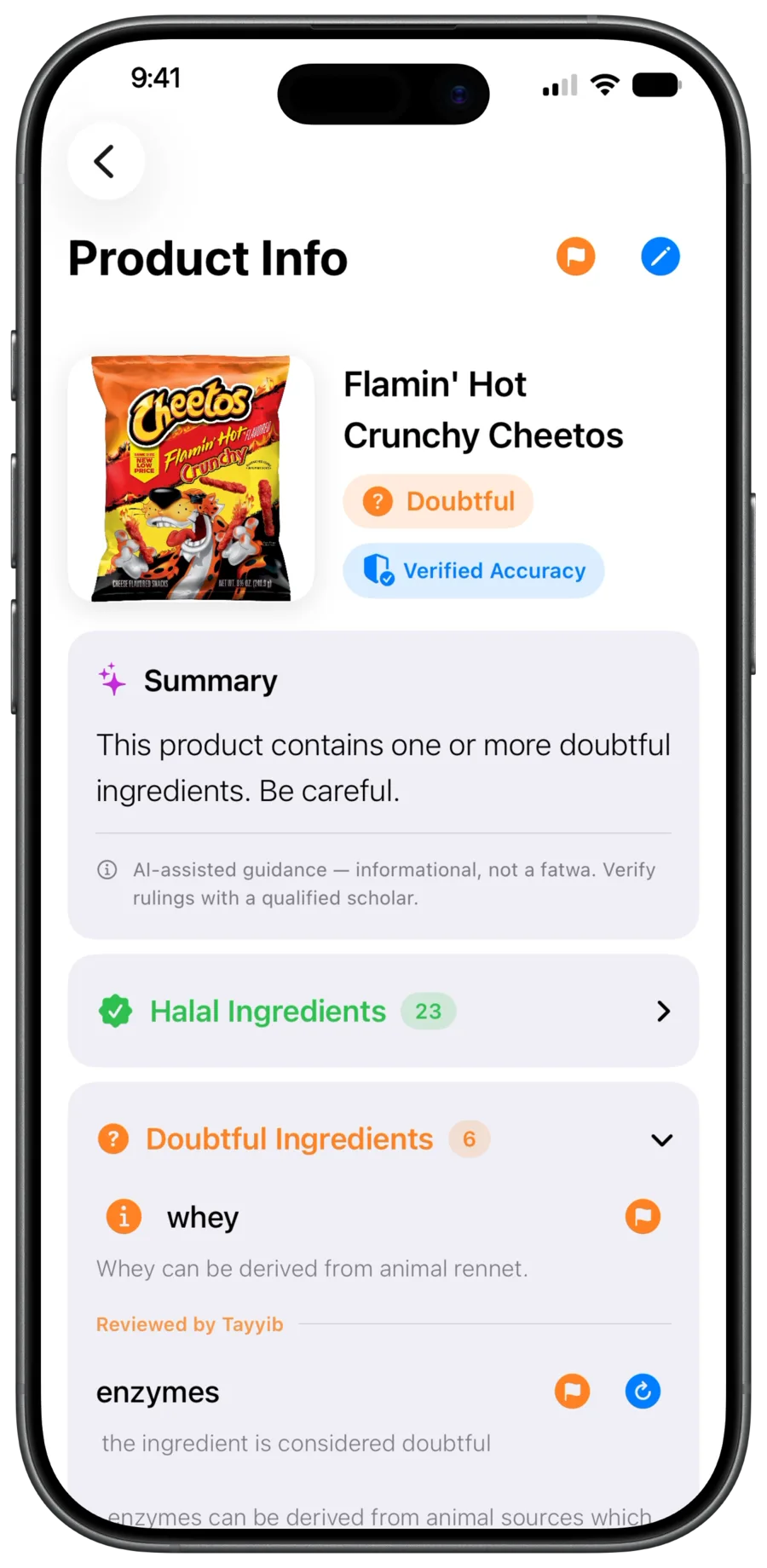 A product ruled Doubtful, with its ingredients grouped as halal, doubtful and haram — whey expanded to show that it can be derived from animal rennet.