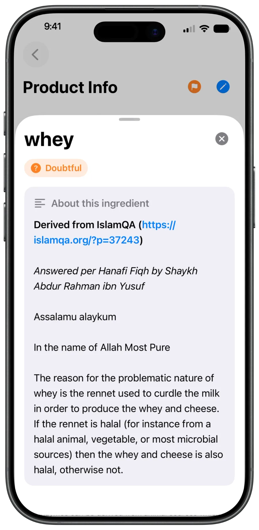 The writeup for whey, marked Doubtful, sourced from IslamQA and answered per Hanafi Fiqh — it explains that the ruling turns on whether the rennet used to curdle the milk is halal.