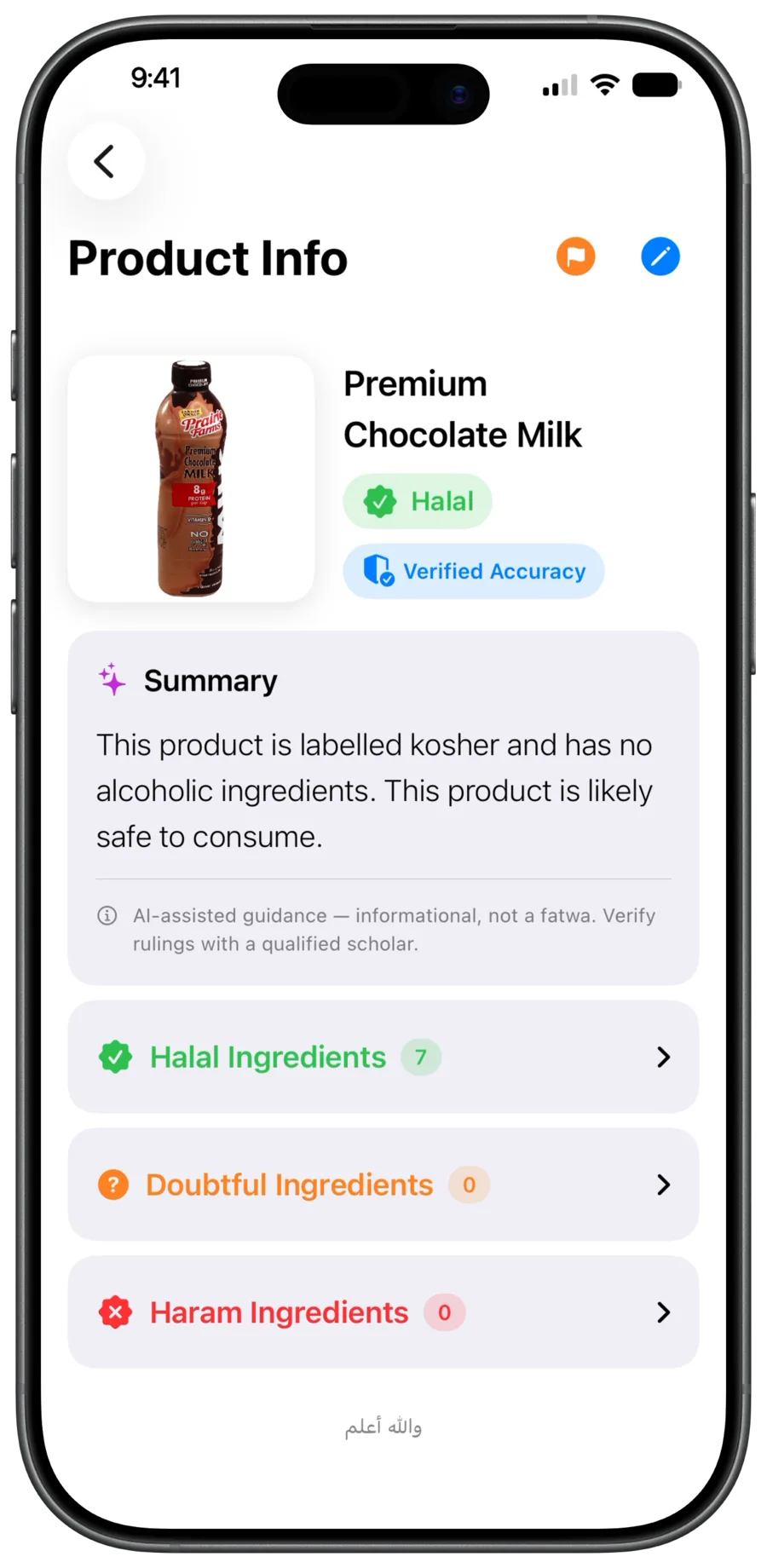 Premium Chocolate Milk ruled Halal, with a summary noting it is labelled kosher and has no alcoholic ingredients.